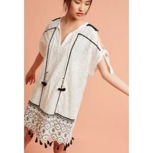 NWT Hemant & Nandita ADITYA Cream Embroidered Eyelet Cotton Tunic Tassel Dress M
